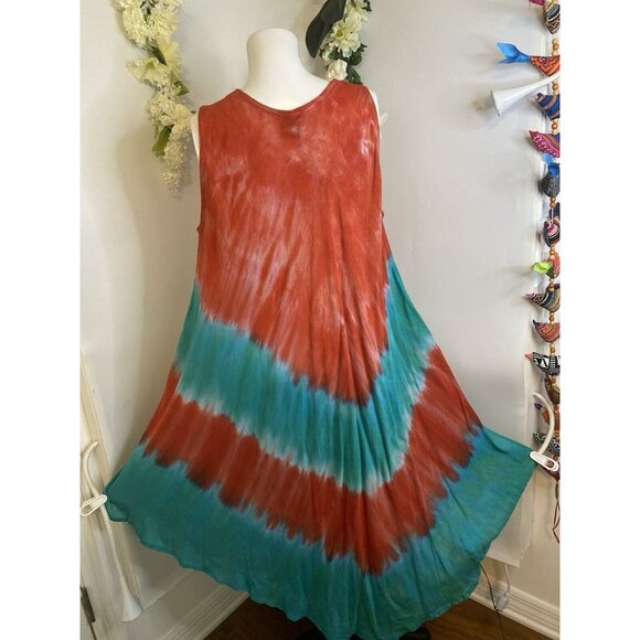 Vtg Seven Islands Boho Tie Dye Cultural Flowy Dress Sleeveless Flowers One‎ Size - Picture 5 of 16